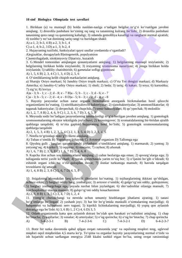 10-sinf biologiya olimpiada test savollari