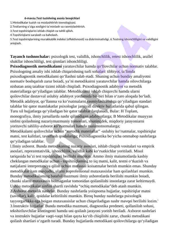 Psixologik test tuzish bosqichlari va metodikalar