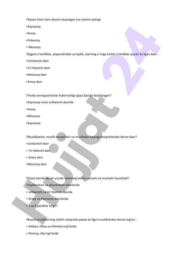 Geologiya davrlari haqida test savollari