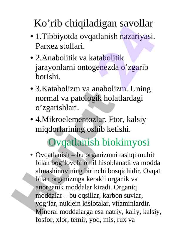 Ovqatlanish nazariyasi va biokimyosi tahlili