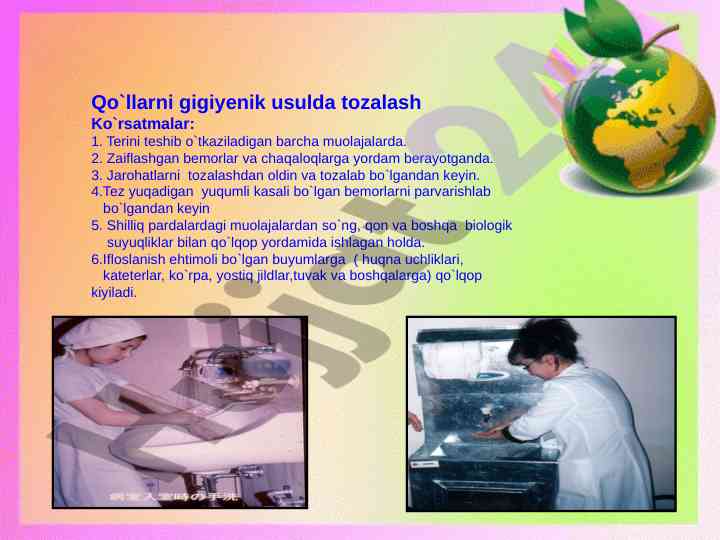 Qo`llarni gigiyenik usulda tozalash qo`llanmasi