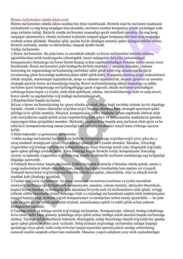 Biznes ma'lumotlarini tasniflash usullari