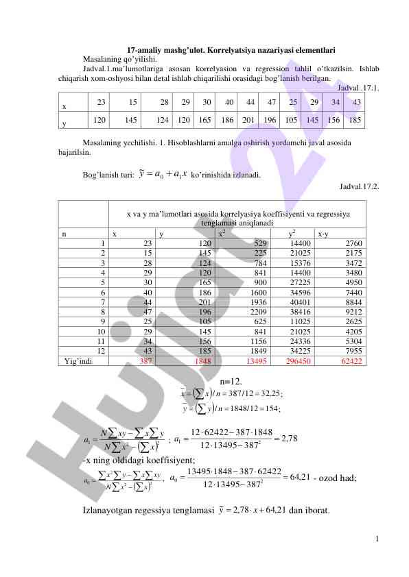 Korrelyatsiya va regression tahlili amaliyoti