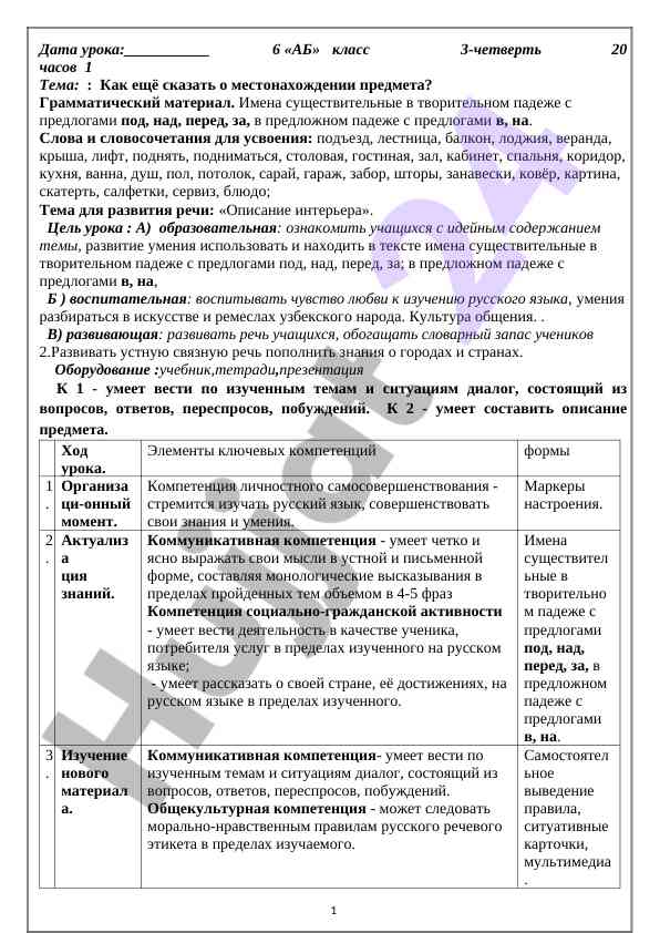 Русский язык: описание интерьера на уроке