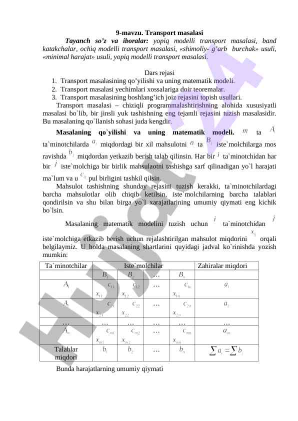 Transport masalasining matematik modeli
