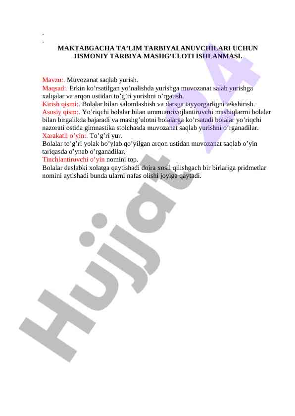 Jismoniy tarbiya mashg‘uloti maktabgacha ta’limda