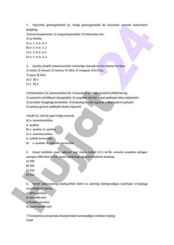 Hayvonlar manzili va oziqlanishi ustidan test