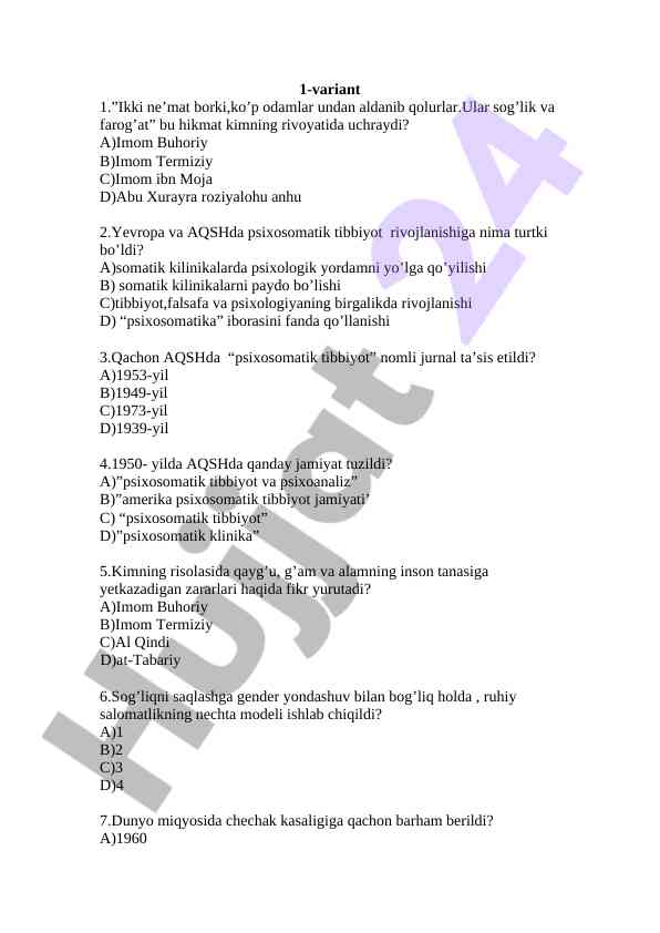Psixosomatik tibbiyot haqida test savollari