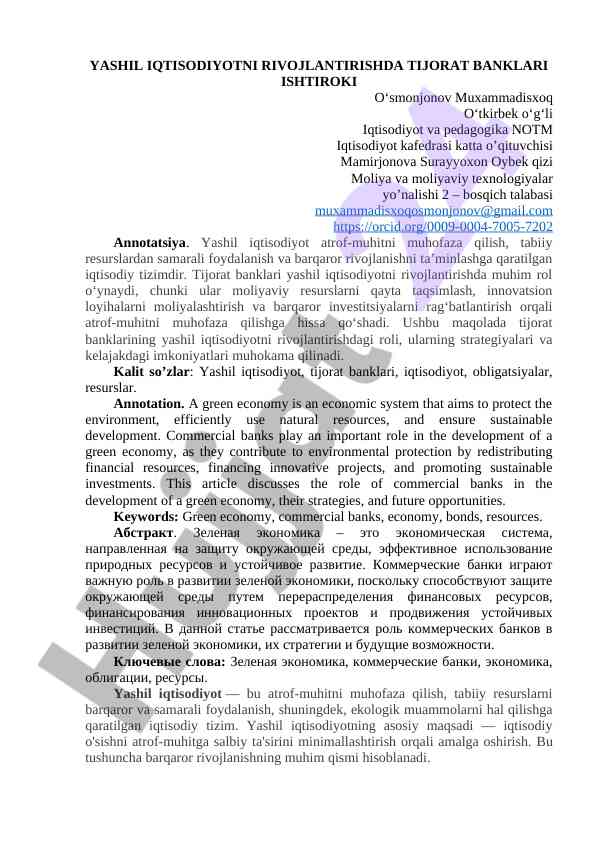 Tijorat banklari yashil iqtisodiyotni rivojlantirish
