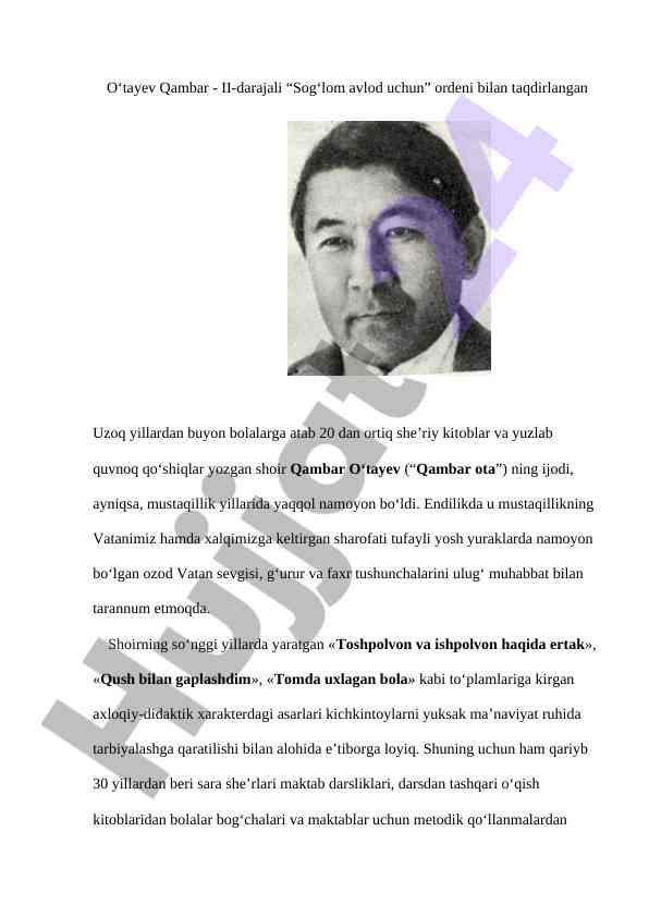 Qambar o‘tayev she’rlari va ma’naviyat tarbiyasi