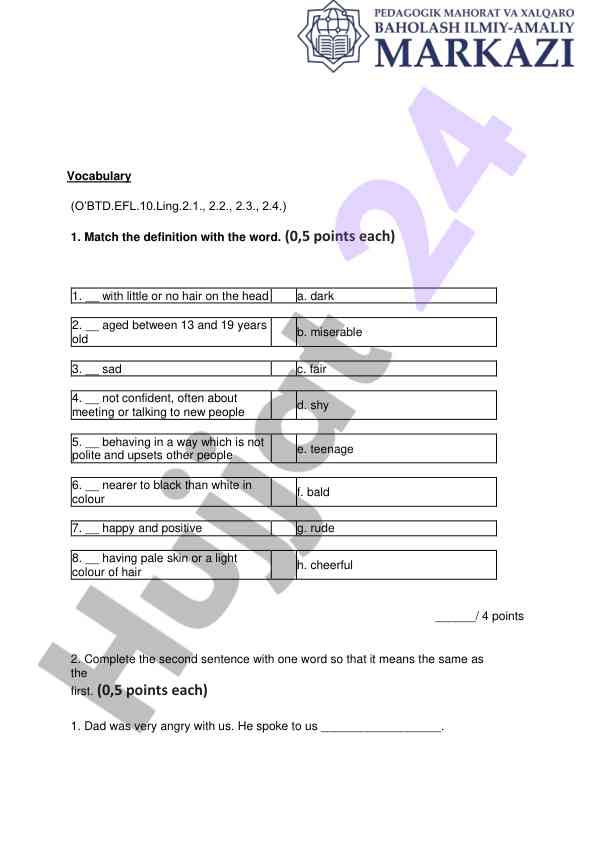Vocabulary matching and sentence completion exercises