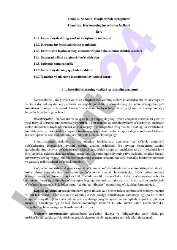 Sanoatni rivojlantirish menejmenti investitsion faoliyati