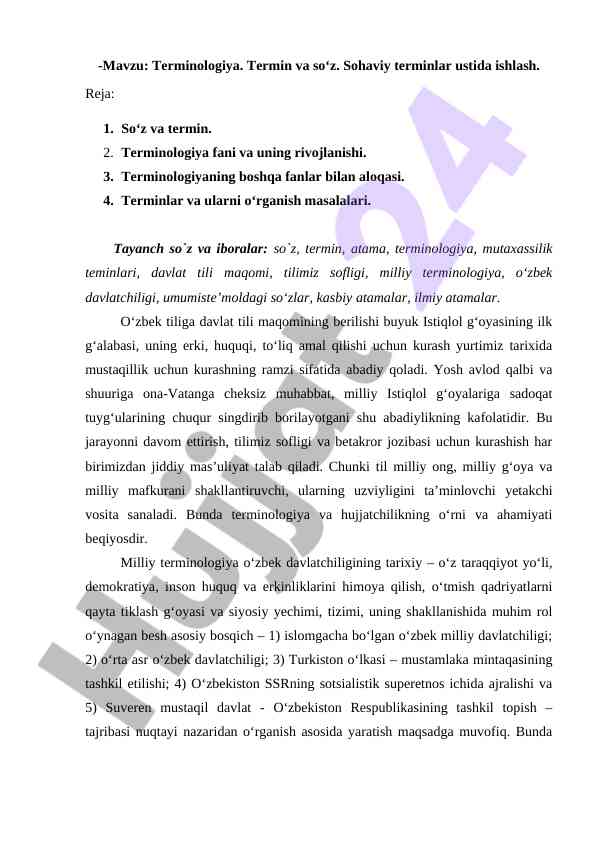 Terminologiya va terminlar ustida ishlash