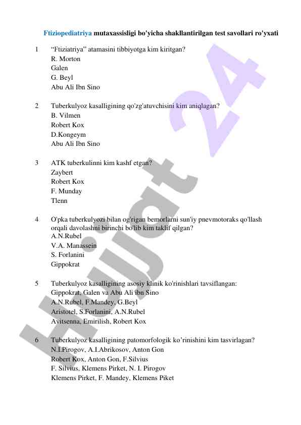 Test savollari ftiziopediatriya mutaxassisligi uchun