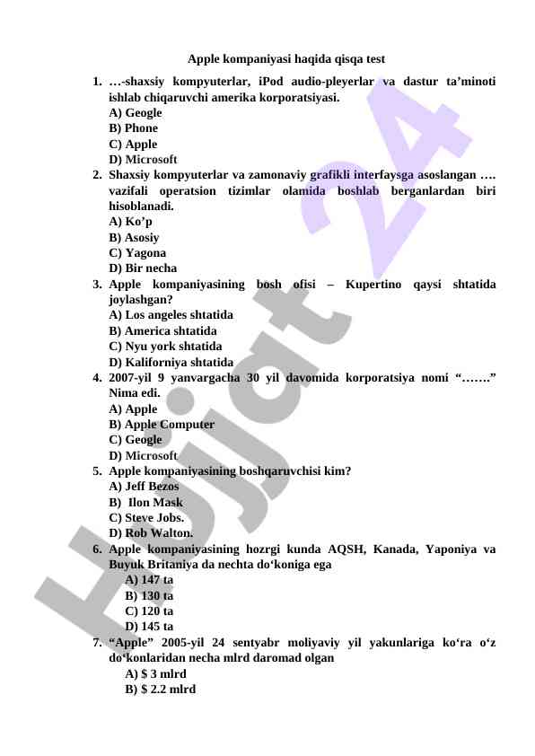 Apple kompaniyasi haqida qisqa test