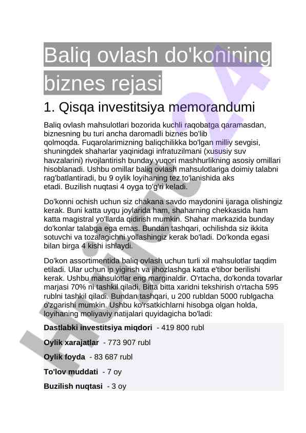Baliq ovlashtirish do'konining biznes rejasi