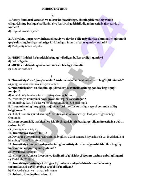 Investitsiya tushunchalari bo‘yicha test savollari