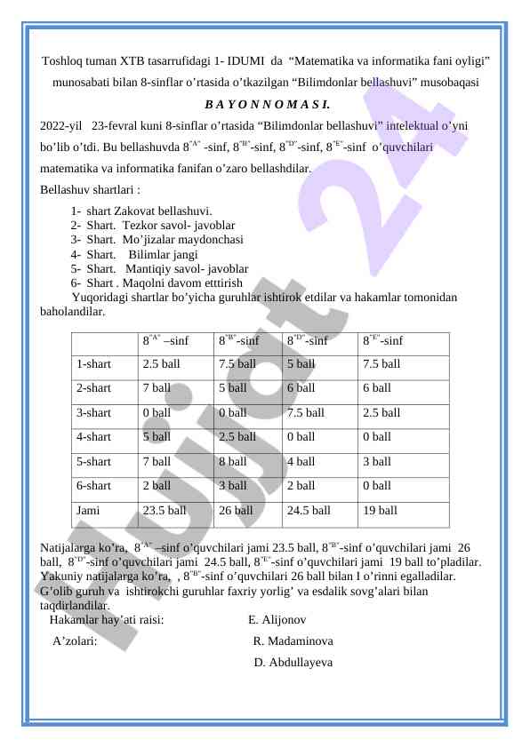 Matematika va informatika fani oyligi musobaqasi natijalari