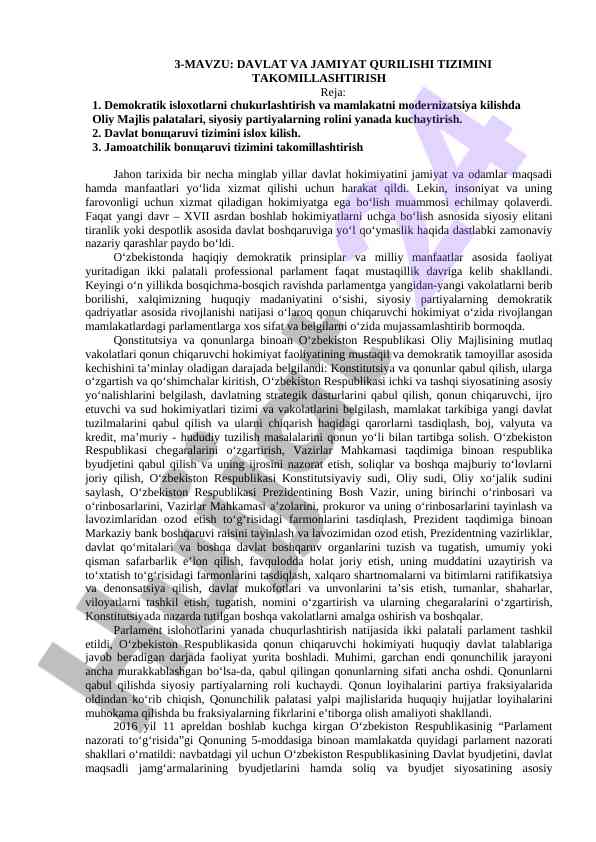 Davlat va jamiyat qurilishi tizimini takomillashtirish