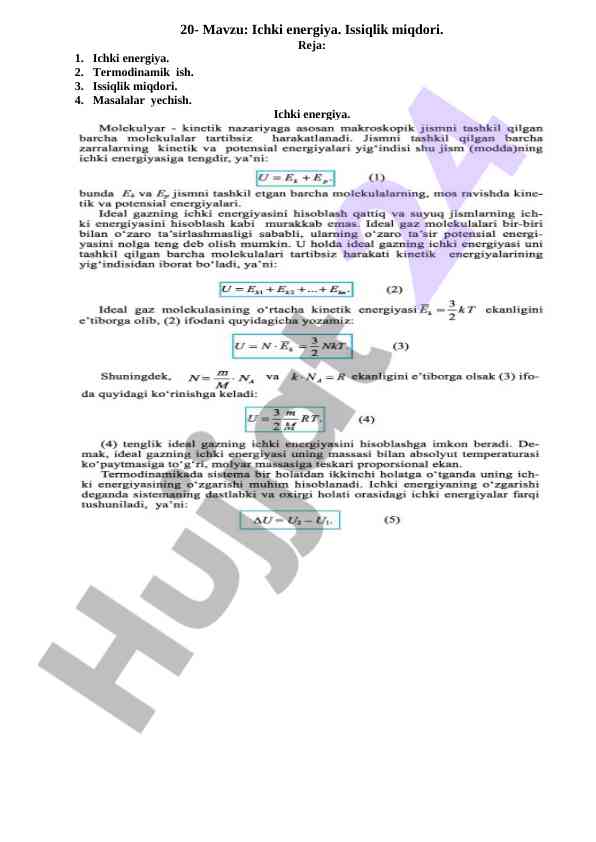 Ichki energiya va issiqlik miqdori mavzusi