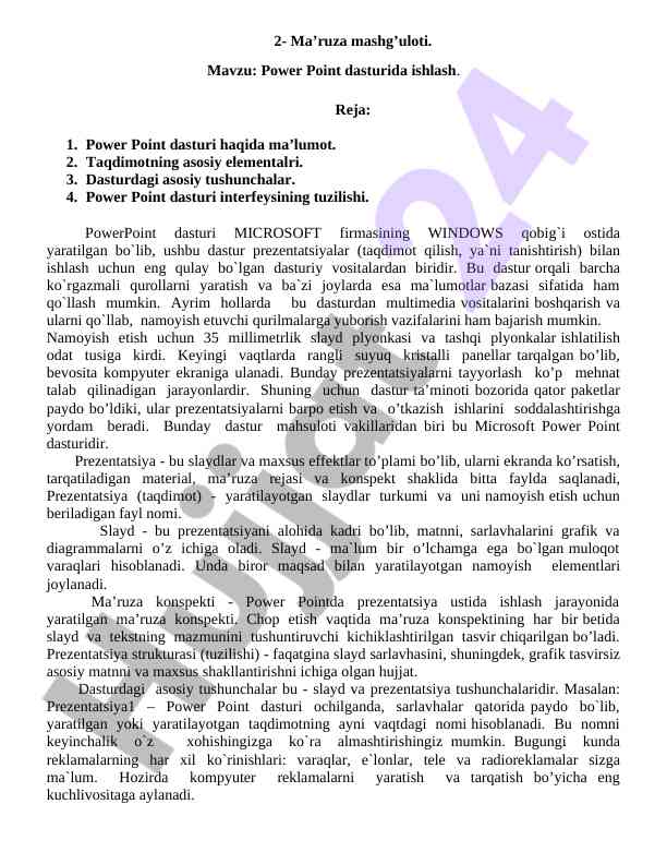 Power point dasturi bilan ishlash bo'yicha ma'ruza