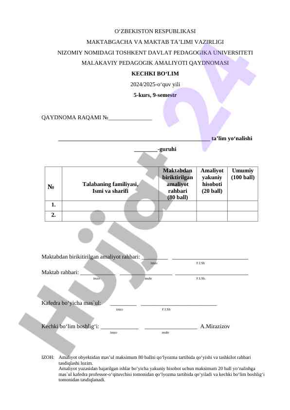 Malakavi Pedagogik Amaliyot Qaydnomasi