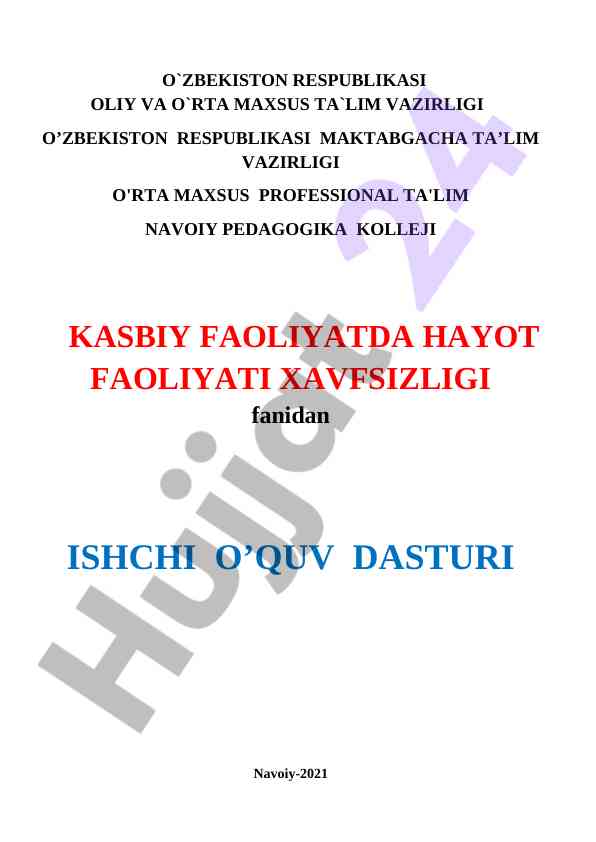 Kasbiy faoliyatda hayot faoliyati xavfsizligi dasturi