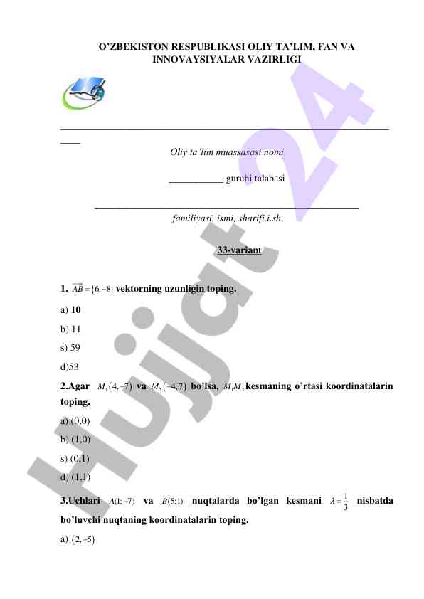 Matematik test savollari oliy ta'lim uchun