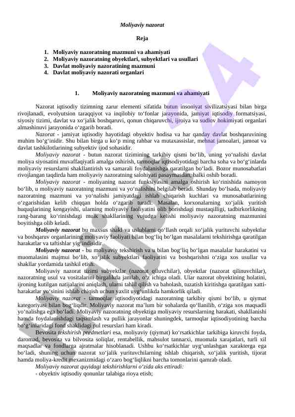 Moliyaviy nazoratning ahamiyati va obyektlari
