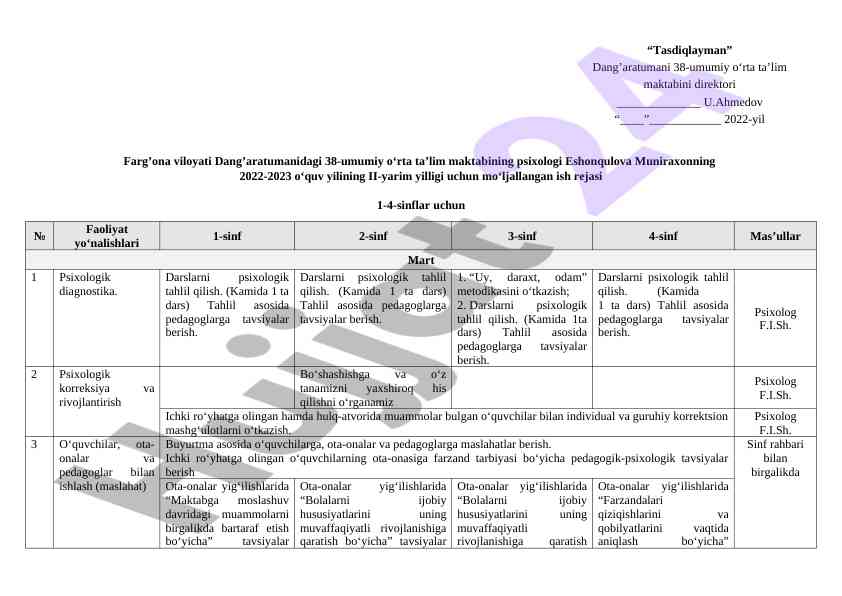 Maktab psixologi ish rejasi 2022-2023 o‘quv yili