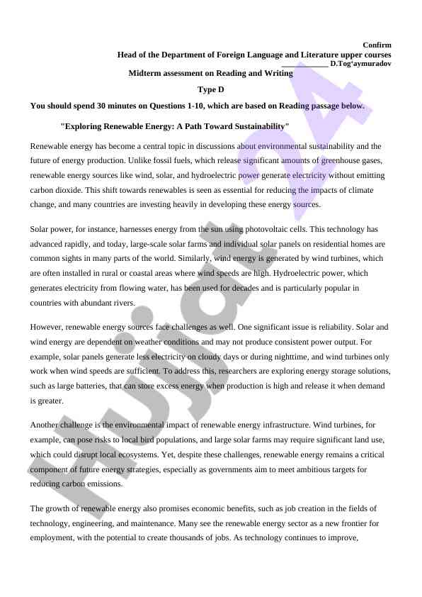 Midterm assessment on renewable energy sustainability