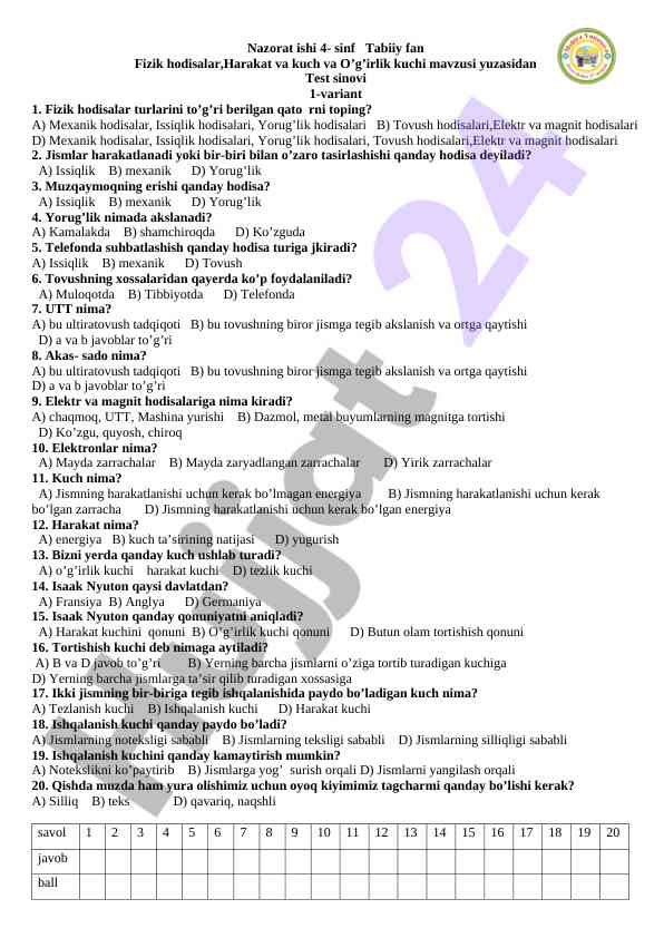 Nazorat ishi tabiiy fan fizik hodisalar test sinovi