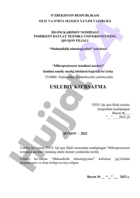 Mikroprotsessor texnikasi asoslari amaliy mashg’ulotlari