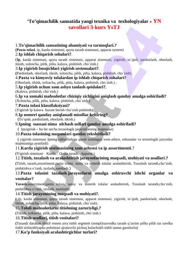 To’qimachilik sanoatida yangi texnika va texnologiyalar