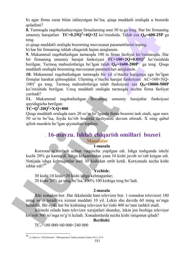 Bozorda muvozanat parametrlari tahlili