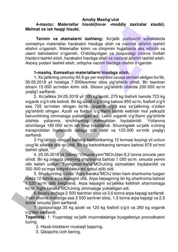 Materiallar hisobi va mehnat haqqi o‘rganish