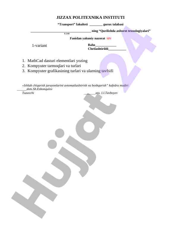 Qurilishda axborot texnologiyalari fanidan nazorat ishlari