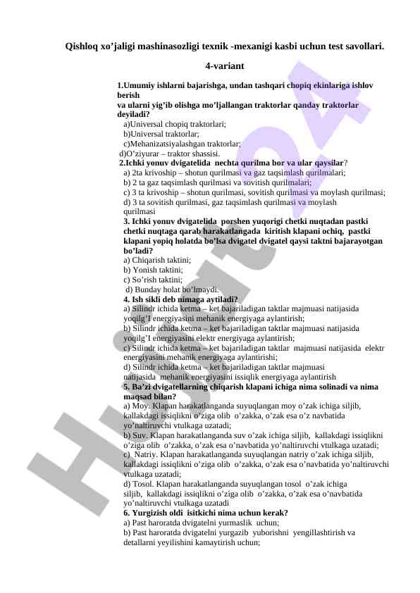 Qishloq xo‘jaligi mashinasozligi test savollari