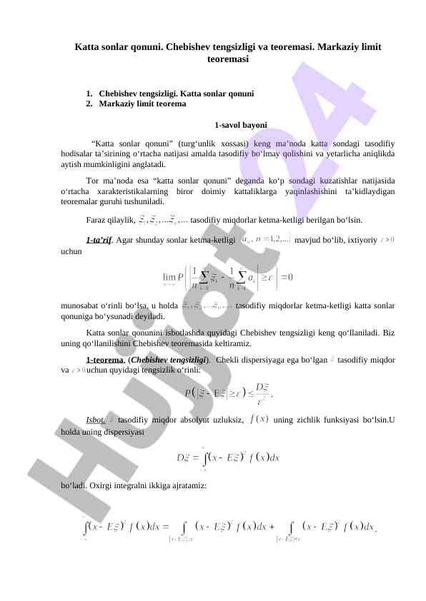Katta sonlar qonuni va chebishev tengsizligi