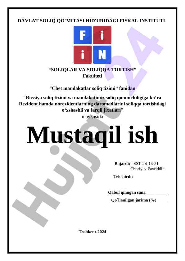 Rossiya soliq tizimi va o'zbekistonning soliq qonunchiligi