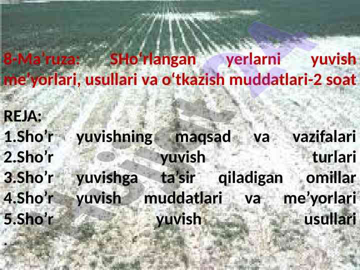 Sho‘rlangan yerlarni yuvish usullari va me’yorlari