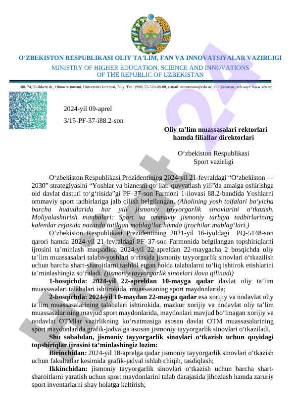 Jismoniy tayyorlanish sinovlari tashkil etish rejasi