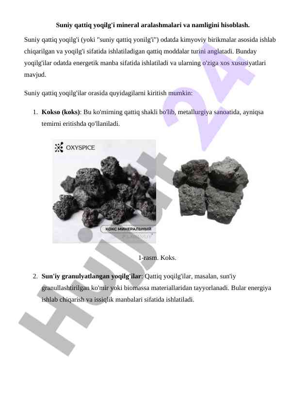 Suniy qattiq yoqilg'i mineral aralashmalari hisoblash