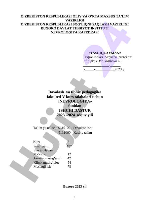 Nevrologiya fanidan ishchi dastur 2023-2024