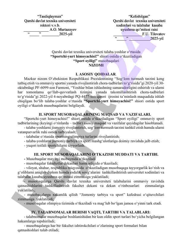 Sportchi-yurt himoyachisi! sport oyiligi musobaqalari nizomi