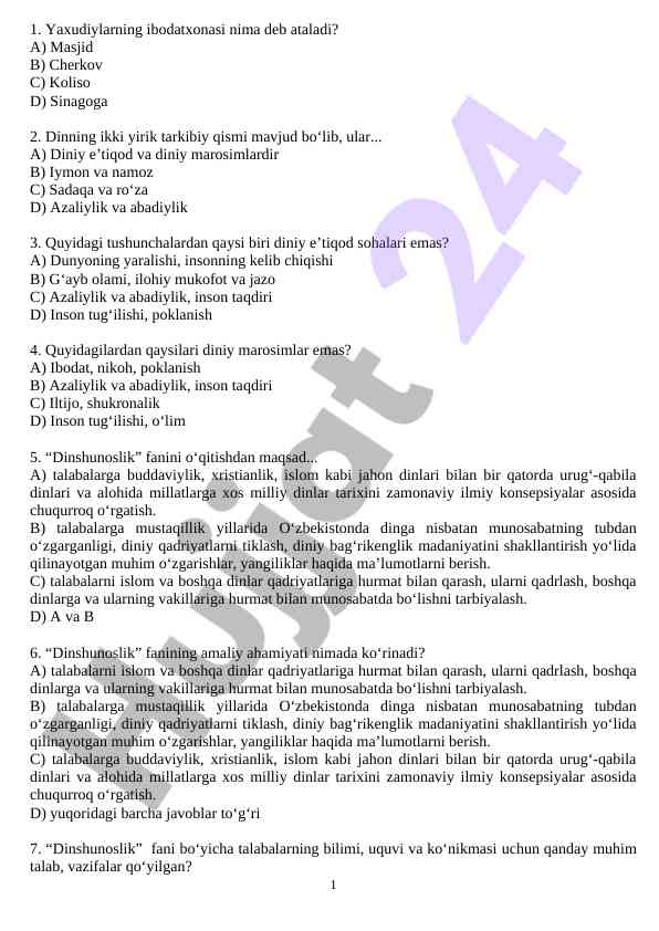 Dinshunoslik faniga oid test savollari