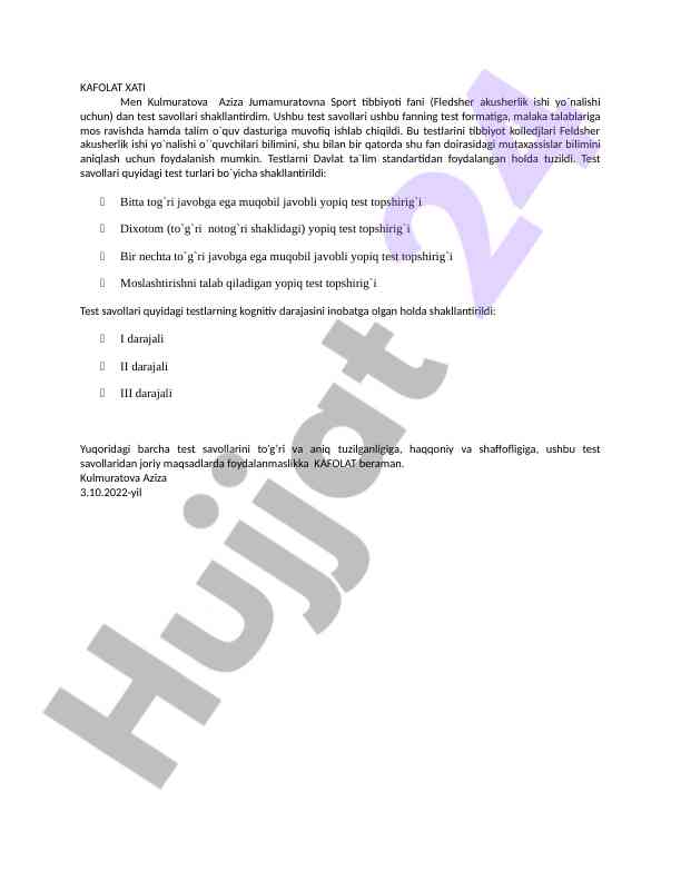 Sport Tibbiyoti Fanidan Test Savollari