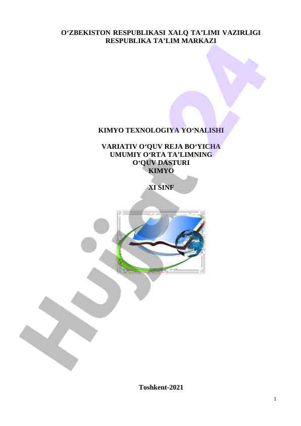 Kimyo fanini o‘qitish bo‘yicha o‘quv rejasi