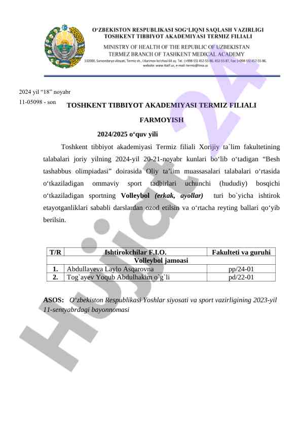 Besh tashabbus olimpiadasi sport tadbirolari 2024