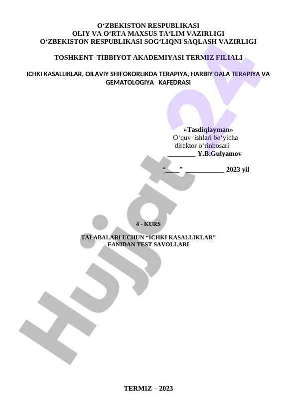 Ichki kasalliklar fanidan test savollari 2023